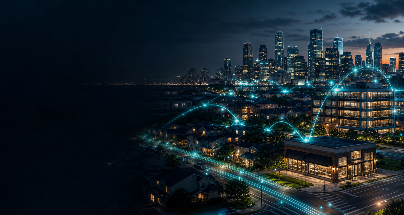 A connected city with fiber optic network lights